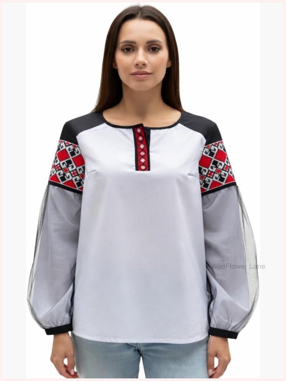 Cotton Blend Blouse Sheer Mesh Sleeve Geometric Embroidered Boho Top
